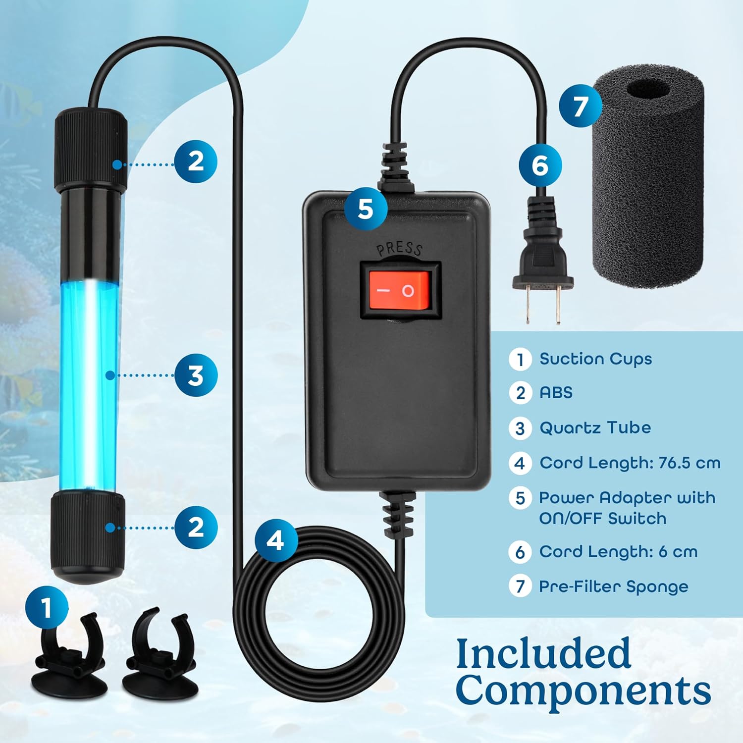 7W UV Sterilizer for Aquarium– UV-C Clean Light with a 9.84 ft Cord for Use in Filters, Sumps and Small Ponds| Clears Green Water, Removes Cloudiness, & Promotes a Healthy Clear Tank for Fish & Plants
