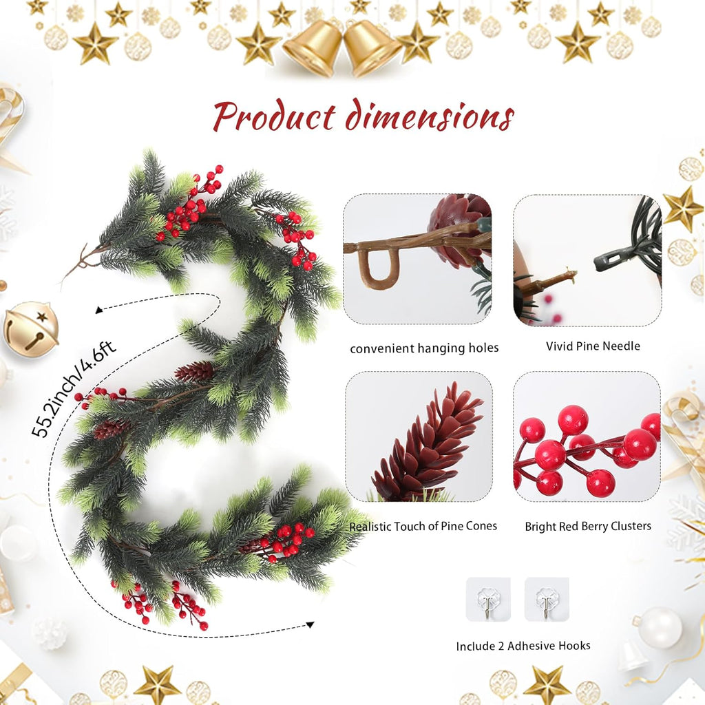 SJL Pine Garland Realistic Christmas Garland with Red Berries Holly Berry Garlands Faux Pine Branches Artificial Cedar Cypress Garlands for Mantle Stairs Table Fireplace Xmas Decorations(Light Green)