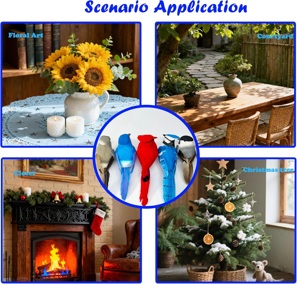Artificial Birds Ornaments Christmas Tree Decoration Clip on Birds 9pcs Assorted Realistic Red Blue Feathered Fake Song Bird Figurines for Wreath Craft Xmas Party Decor
