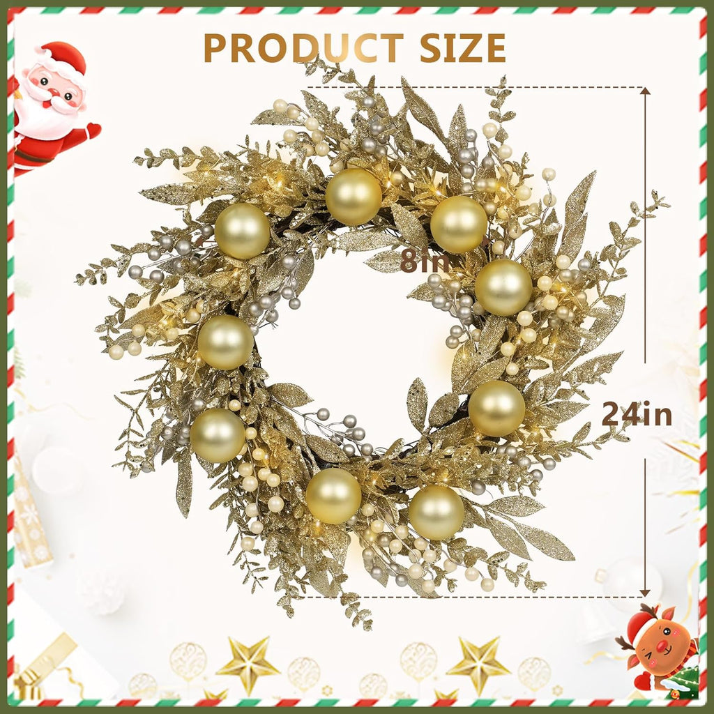 Christmas Wreath Artificial Christmas Wreath with Golden Balls, Off-White Berries and Led Lights Suitable for Decorating Doors, Windows.