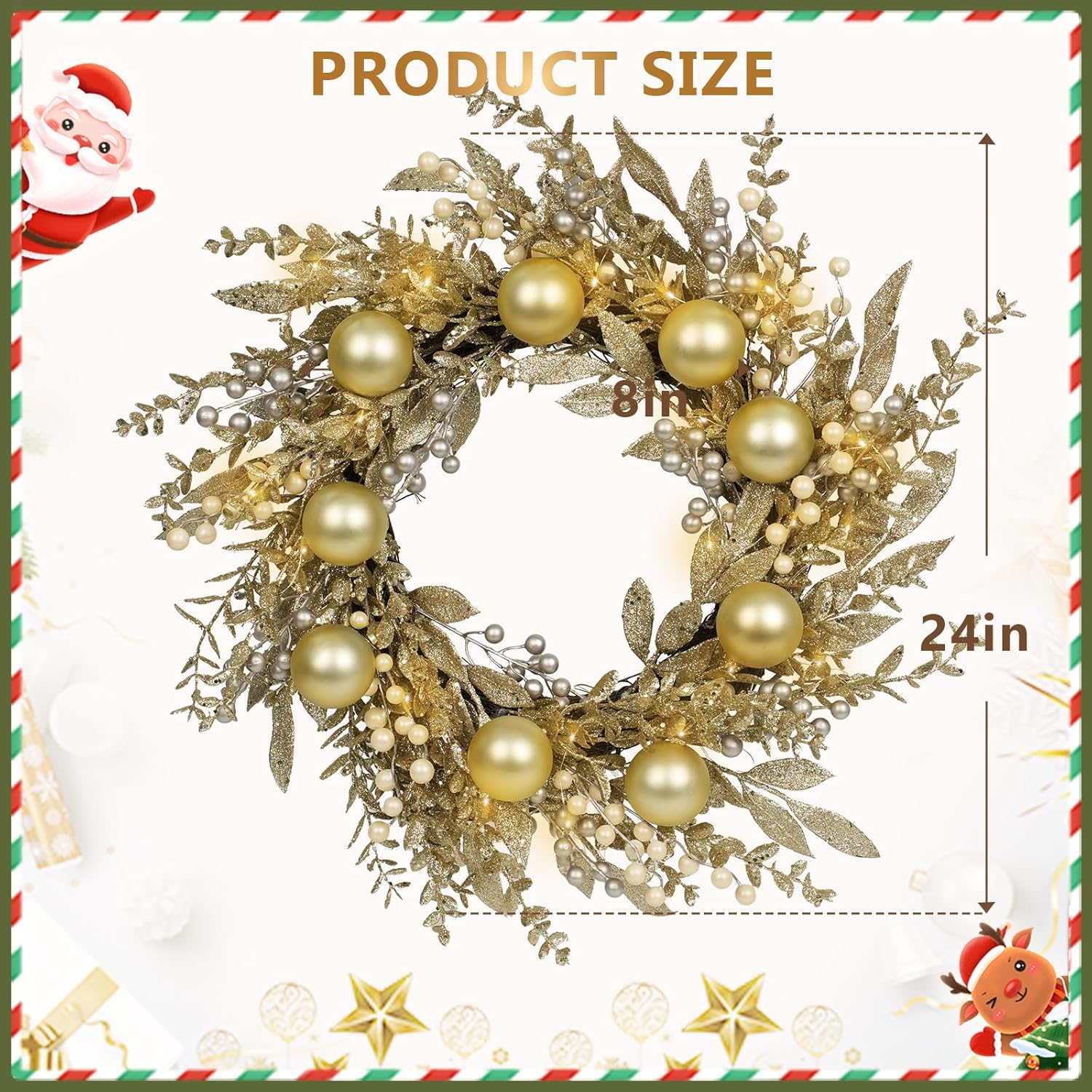 Christmas Wreath Artificial Christmas Wreath with Golden Balls, Off-White Berries and Led Lights Suitable for Decorating Doors, Windows.