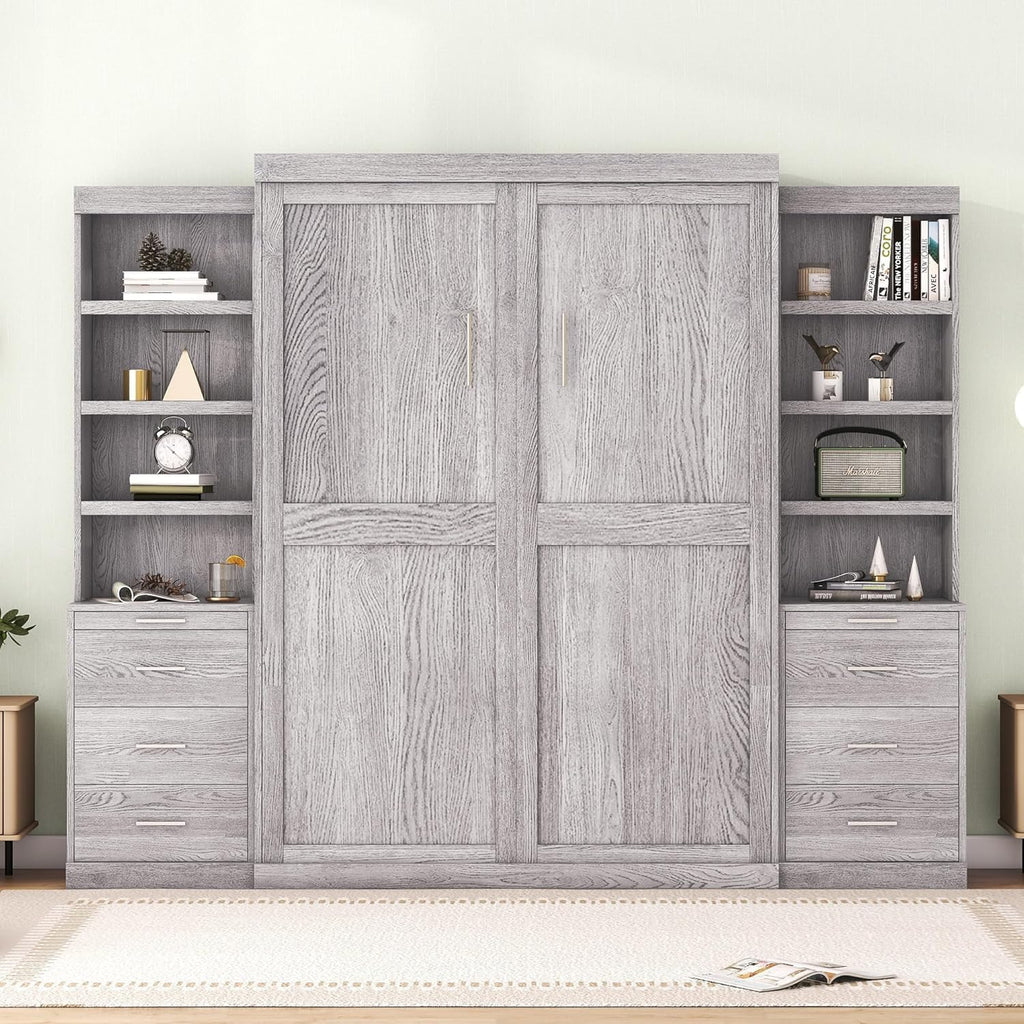 Full Murphy Bed with Bookcase Shelves and 6 Drawers,Metal & Pine Wood Folding Murphy Wall Bed Cabinet for Adults