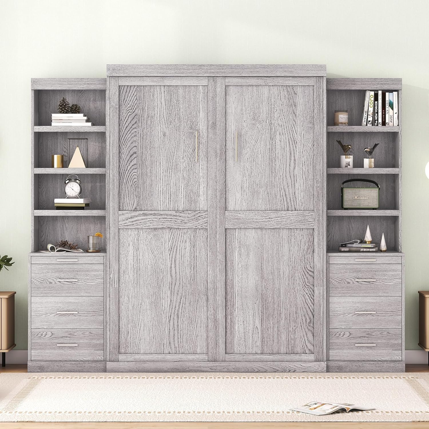 Full Murphy Bed with Bookcase Shelves and 6 Drawers,Metal & Pine Wood Folding Murphy Wall Bed Cabinet for Adults