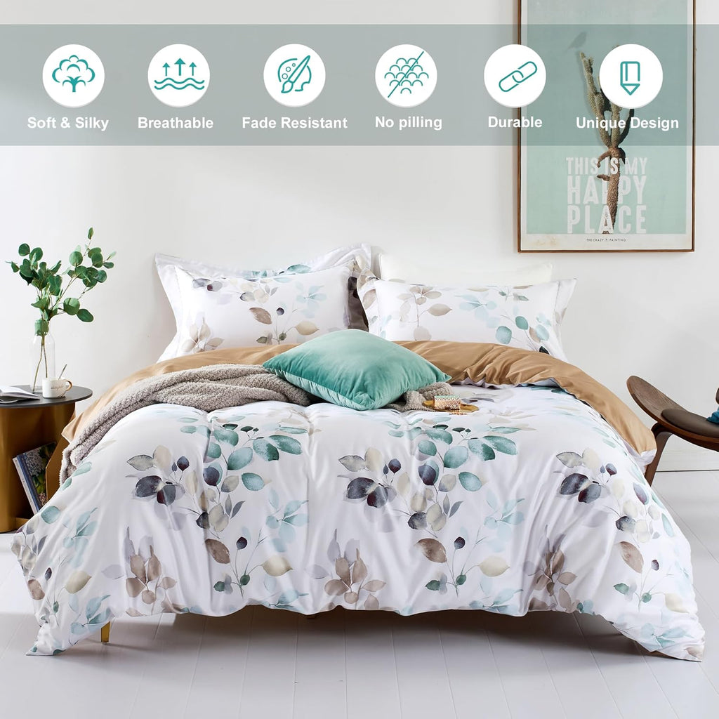 MILDLY Duvet Cover Set 100% Long-Staple Cotton Green Leaves Pattern Printed Comforter Cover 3pcs, Soft & Breathable Lightweigt Bedding Set