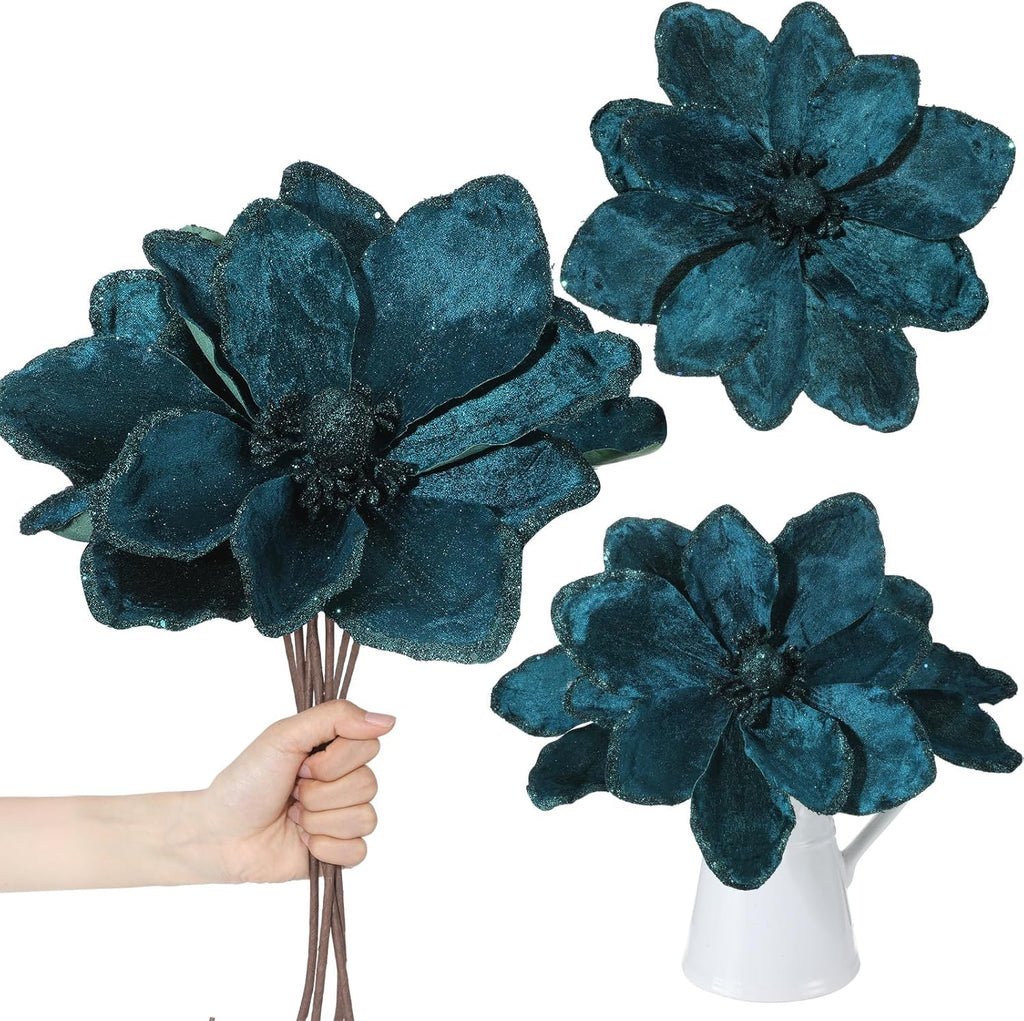 8 Pcs Large Christmas Flower Magnolia Flowers Christmas Tree Decoration Artificial Poinsettia Stems Velvet Xmas Ornaments for Xmas Tree Table Decor(Peacock Green,12 Inch)