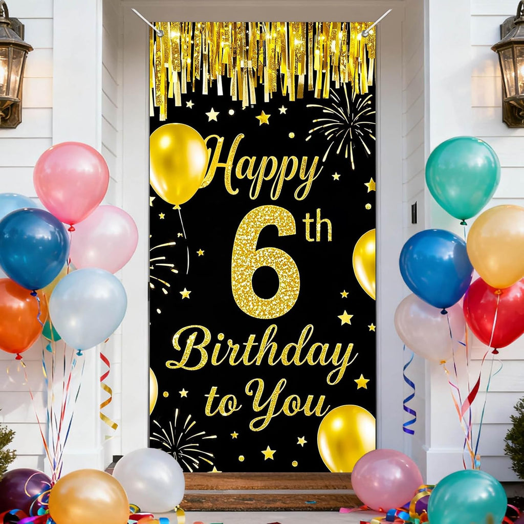 IVN 6th Birthday Door Cover 71x35 Inch Black Gold Birthday Banner for Party Decorations Balloons Stars Fireworks Backdrop Sign for Men Women Photo Booth Prop Wall Decor