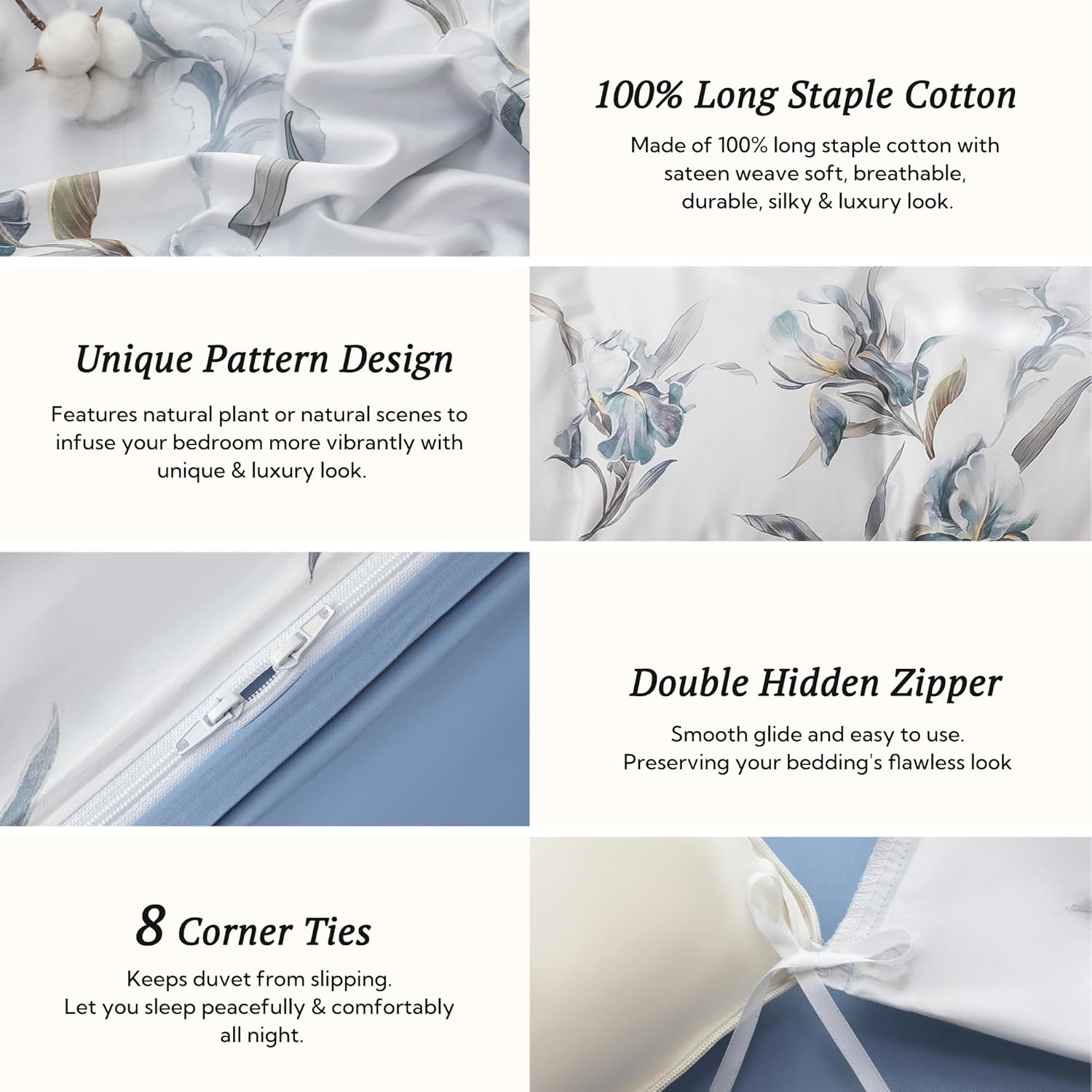 MILDLY Queen Size Duvet Cover Set 100% Long-Staple Cotton Luxury White & Blue Floral Patten Reversible Comforter Cover Set 3Pcs