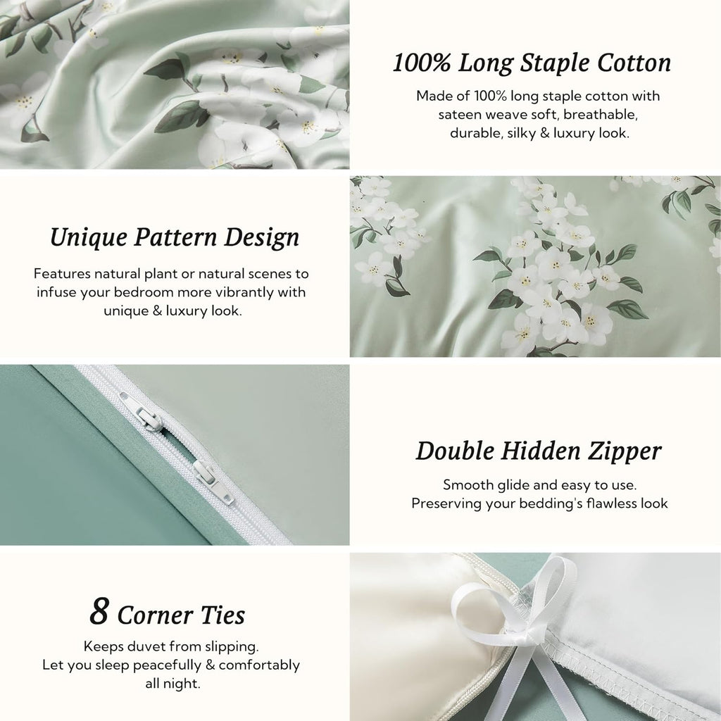 MILDLY King Size Duvet Cover Set 100% Long-Staple Cotton Luxury Sage Green Floral Patten Reversible Comforter Cover Set 3Pcs