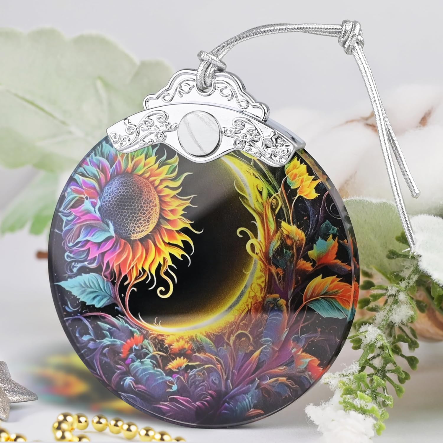 Christmas Ornament, 2025 Ornaments for Christmas Tree, Stained Glass Hanging Ornament, Holiday Ornaments, Unique Gift Idea - Sun and Moon