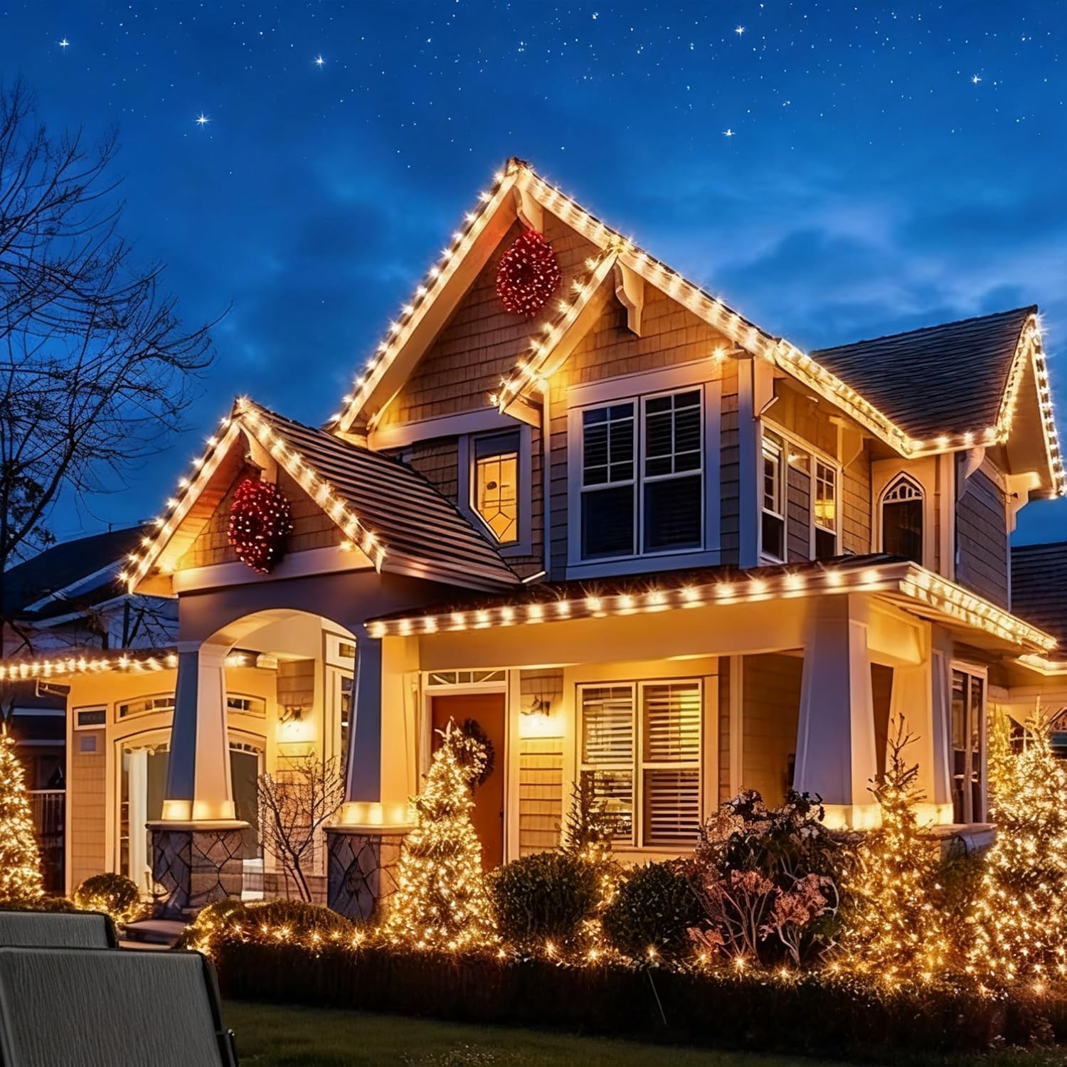 Dazzle Bright C9 Christmas String Lights, 100 LED 66 FT Waterproof Connectable Fairy Lights with 100 Spring Clips Timer, Christmas Decoration for Outdoor Roofline Home Garden Yard Tree, Warm White
