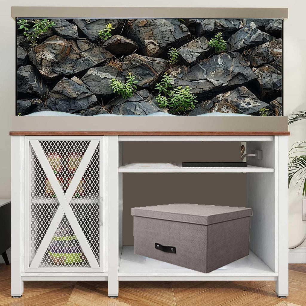 Stone Aquarium Background, Underwater Rock Plant Fish Tank Background Rocky Terrarium Background Black, Polyester Background with 6 EVA Double-Sided Tapes 48x24 inches/120x60