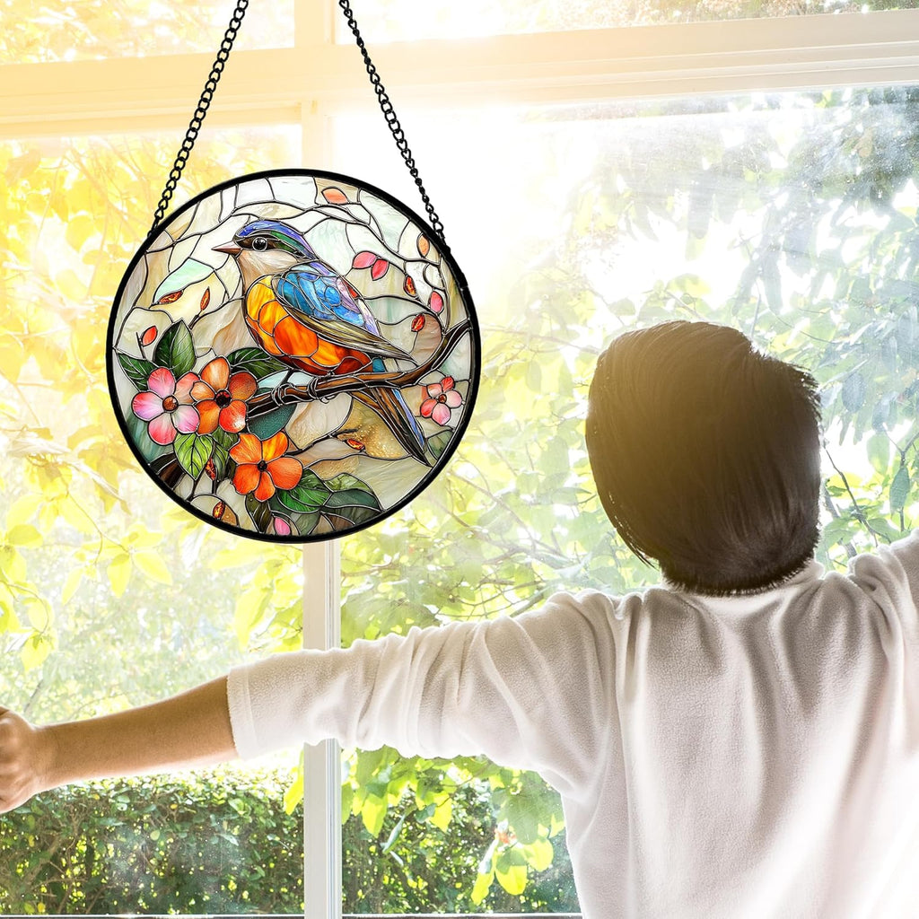 Stained Glass Window Hanging, Blue Bird Pink Flower Suncatcher Diamond Glass Panel Bird Sun Catchers Decor for Birthday for Women, Men, Wife, Aunt, and Mom 9.8 in