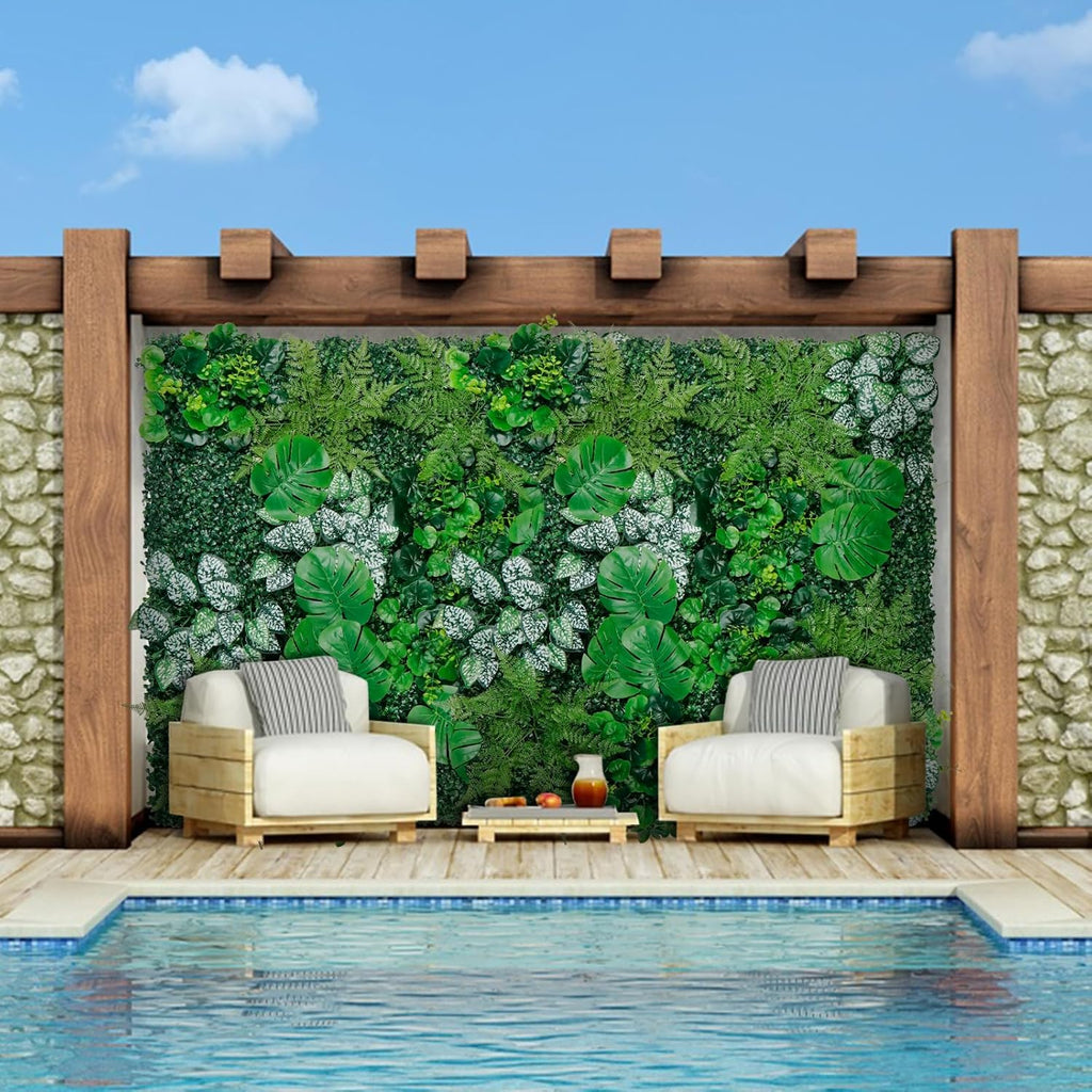 Artificial Boxwood Panels, 40"x120"(33.33 SQFT) Grass Wall Panels with Monstera Leaves,Privacy Hedge Fence Screen with UV Protection,Fake Greenery Backdrop for Indoor Wedding
