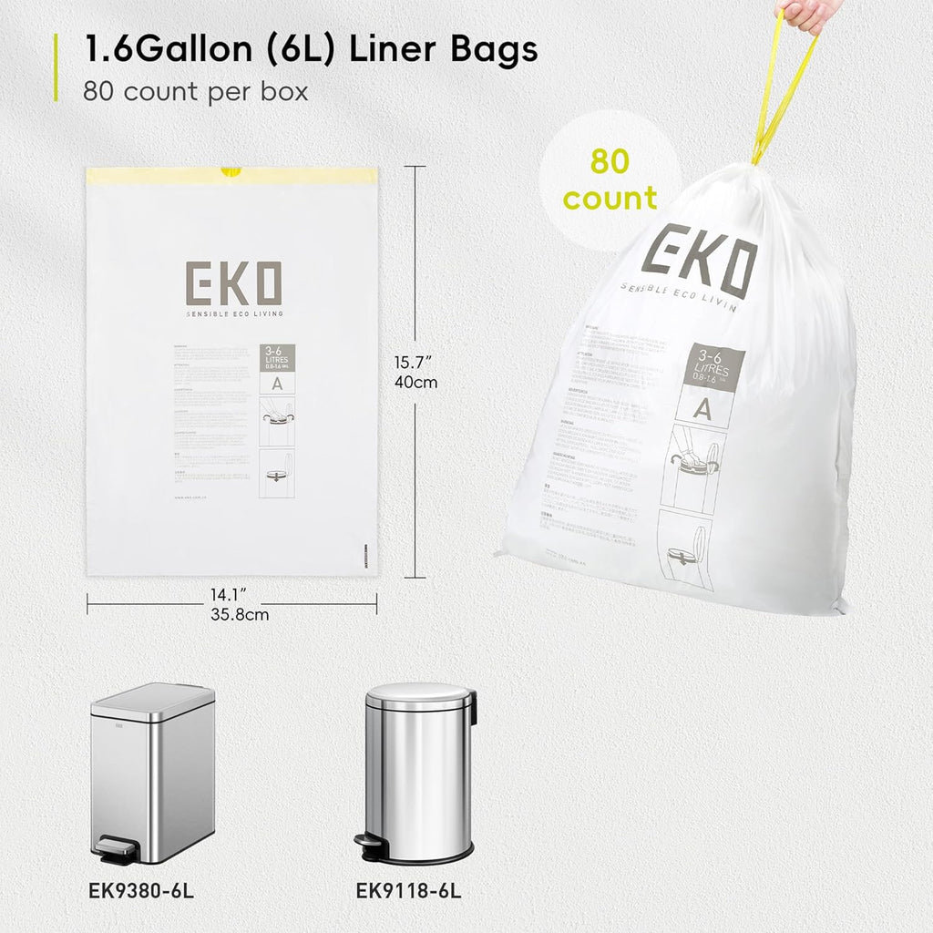 EKO 1.6 Gallon / 3-6 Liter, 80 Count Small Drawstring Trash Bags, Extra-Strong Unscented Garbage Bags, Easy-Dispense Roll for Kitchen & Household Use, Resists Tears, Leaks and Punctures, Code A, White
