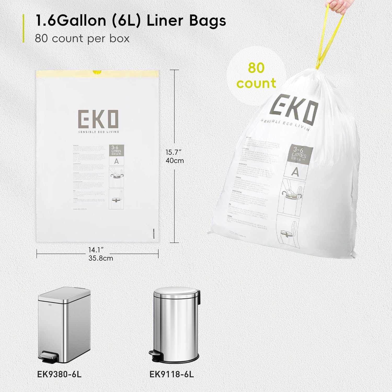 EKO 1.6 Gallon / 3-6 Liter, 80 Count Small Drawstring Trash Bags, Extra-Strong Unscented Garbage Bags, Easy-Dispense Roll for Kitchen & Household Use, Resists Tears, Leaks and Punctures, Code A, White