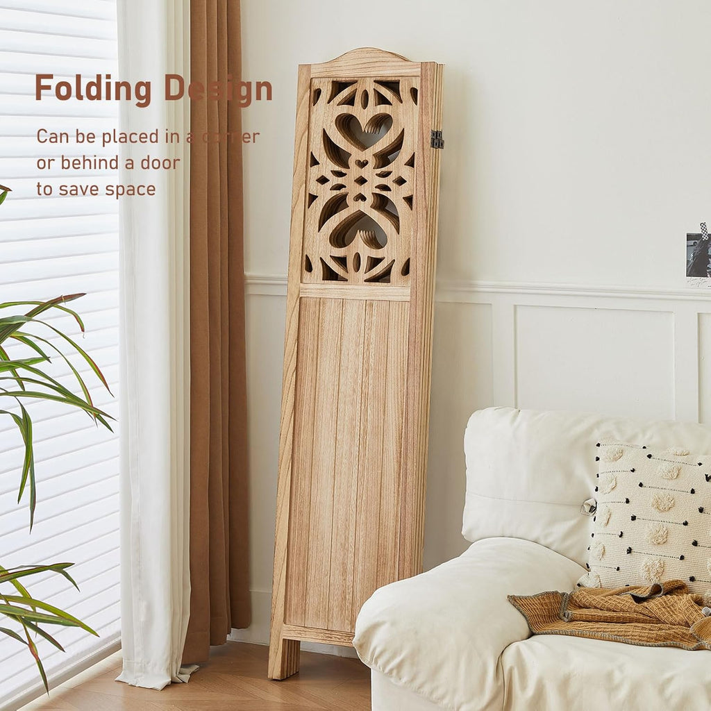 4 Panel Room Divider Fully Assembled, Carved Room Dividers and Folding Screens, 5.6Ft Wood Room Divider Screen Freestanding Partition Wall Dividers for Home Bedroom Office, Rustic Wood Color