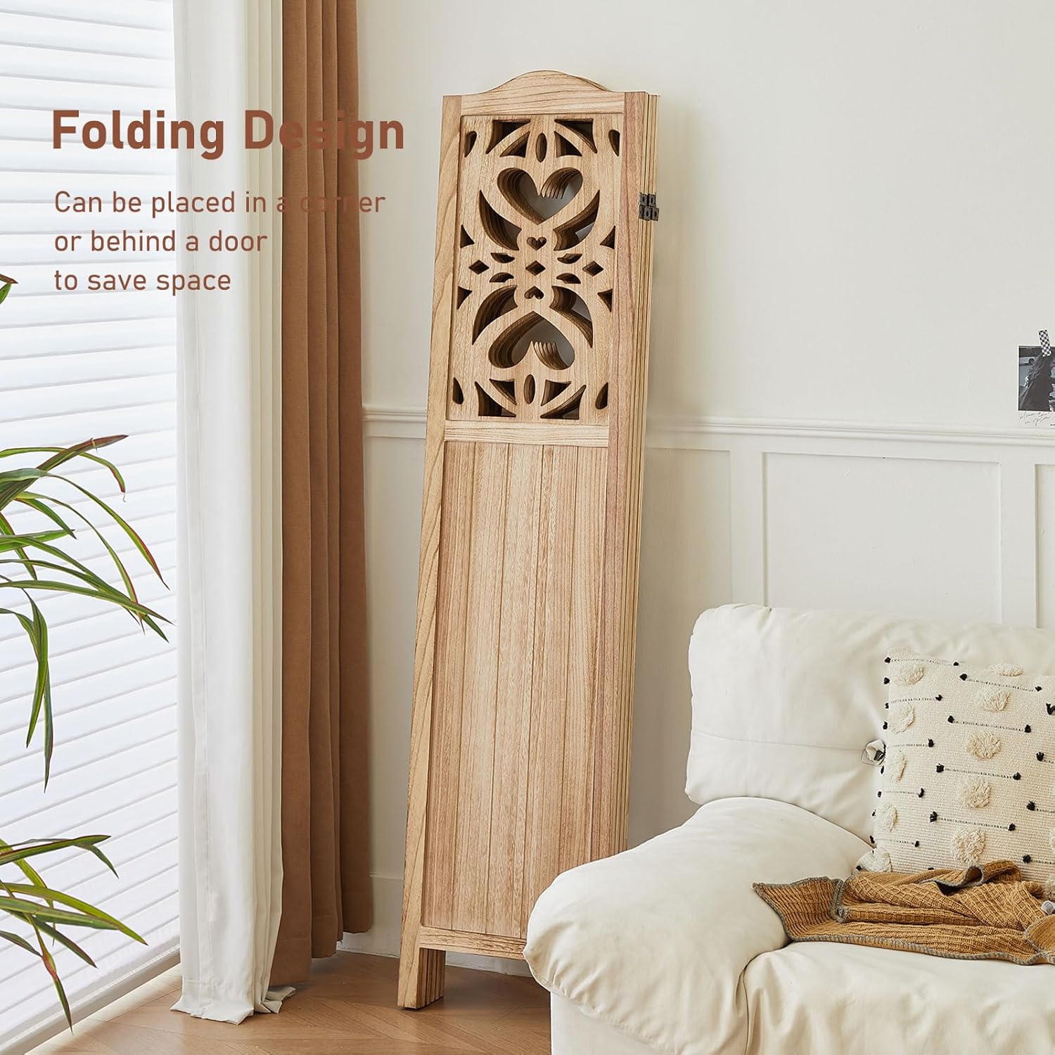 4 Panel Room Divider Fully Assembled, Carved Room Dividers and Folding Screens, 5.6Ft Wood Room Divider Screen Freestanding Partition Wall Dividers for Home Bedroom Office, Rustic Wood Color