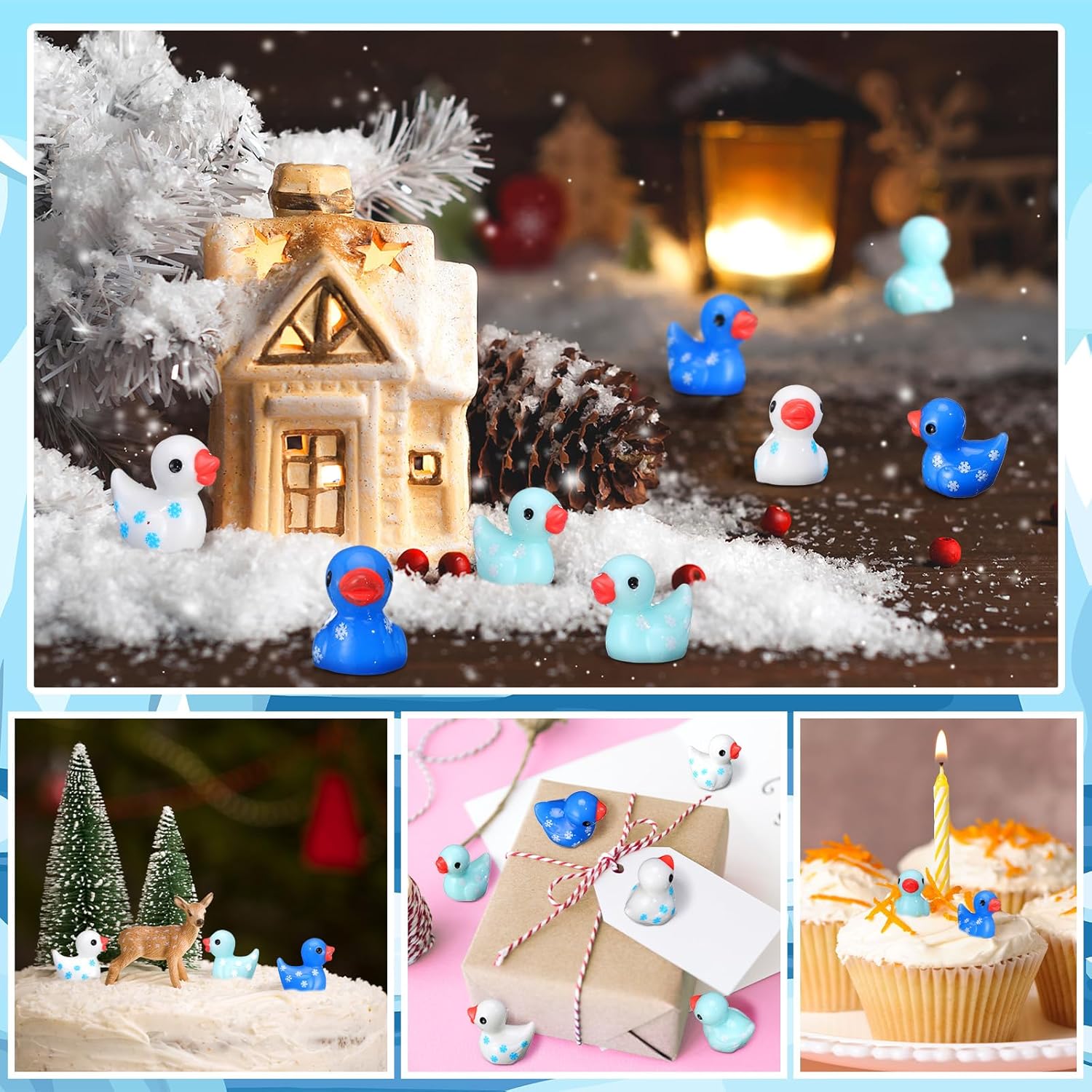 Realspring 100 Winter Mini Resin Snowflake Ducks Tiny Duck Figurines Bulk Cute Figures for Winter Christmas Miniature Landscape Garden Accessories Ornament Dollhouse Birthday Decor Party Favors