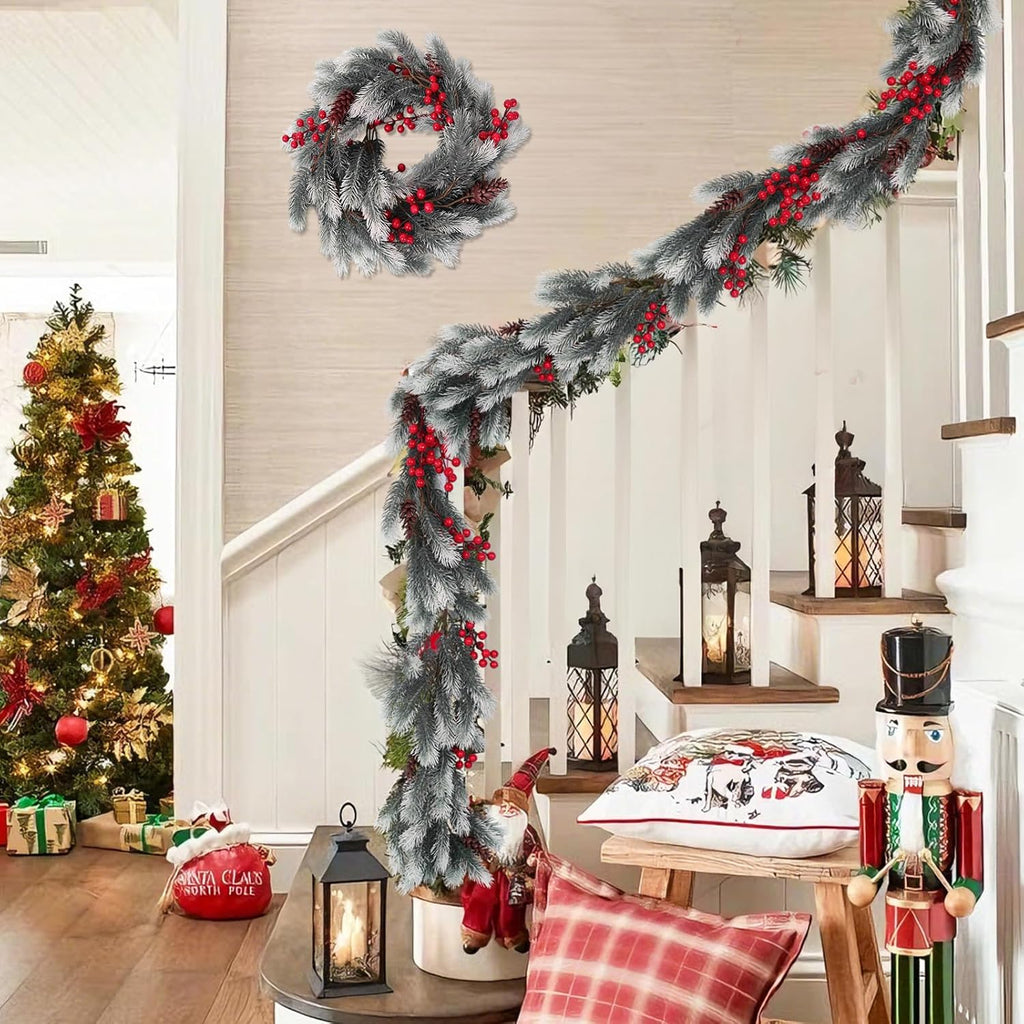 SJL 4.6Ft Faux Christmas Garland Decorations Pine Garland with Pine Cones and Red Berries Realistic Greenery Garlands for Mantle Stairs Railing Table Fireplace Indoor Outdoor Holiday Xmas Decor(White)