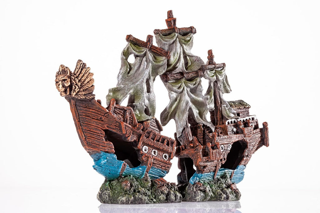 UNEAK - Small Pirate Shipwreck Aquarium Decorations Ornament w/Sail (2 Pieces) 5 Gallons and Larger Fish Tank, Sunken Ship Decoration Ornaments, Decorative Resin Boat for Freshwater Saltwater Decor