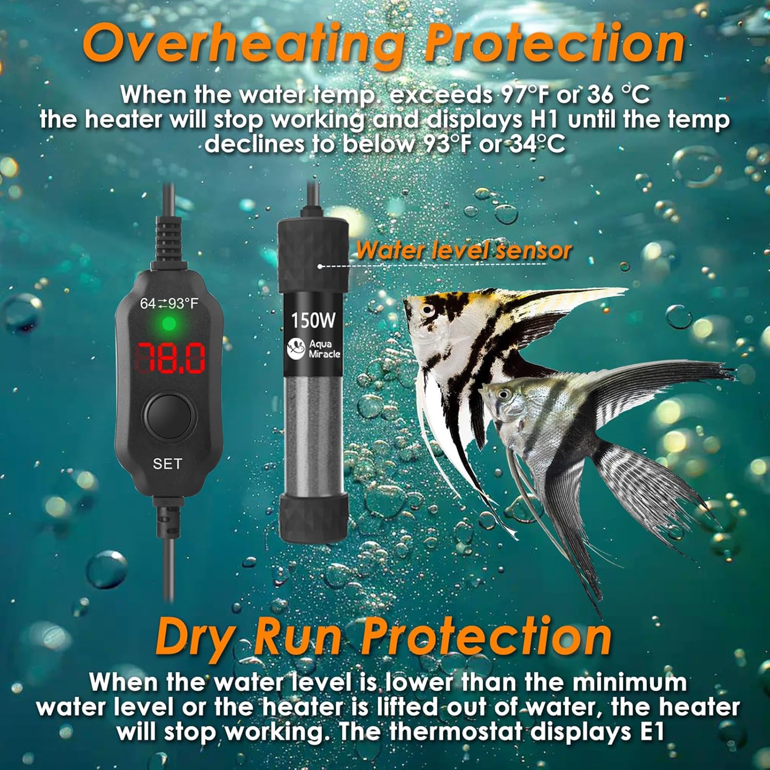 AquaMiralce 150W Aquarium Heater with Compact Size, Submersible Fish Tank Heater with LED Digital Display Thermostat, Adjustable Fish Heater Turtle Heater for 15-30 Gallon Tanks