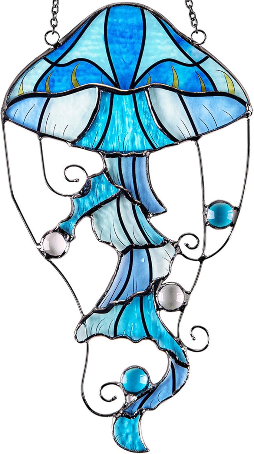 Jellyfish Stained Glass Window Hanging, Ocean Sea Life Sun Catchers Indoor Panel, Nautical Suncatcher Decor for Home, Wall, Garden, Coastal Ornament Gift for Women, Beach Lovers