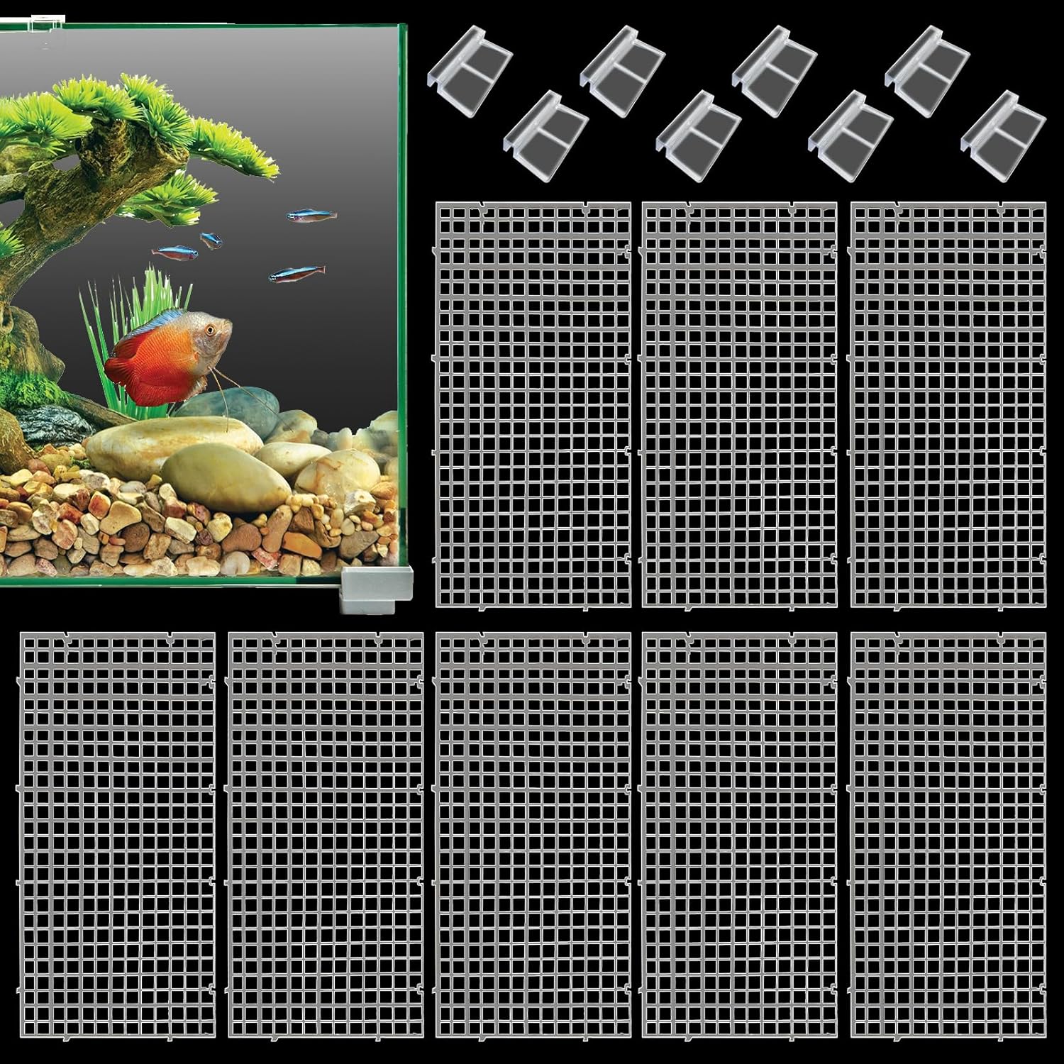 Hamiledyi Plastic Aquarium Divider with Clips Grid Panel Aquarium Lid Hood Fish Tank Divider Filter Bottom Isolation Pane Separator for Mixed Breeding(8 PCS,Transparent)