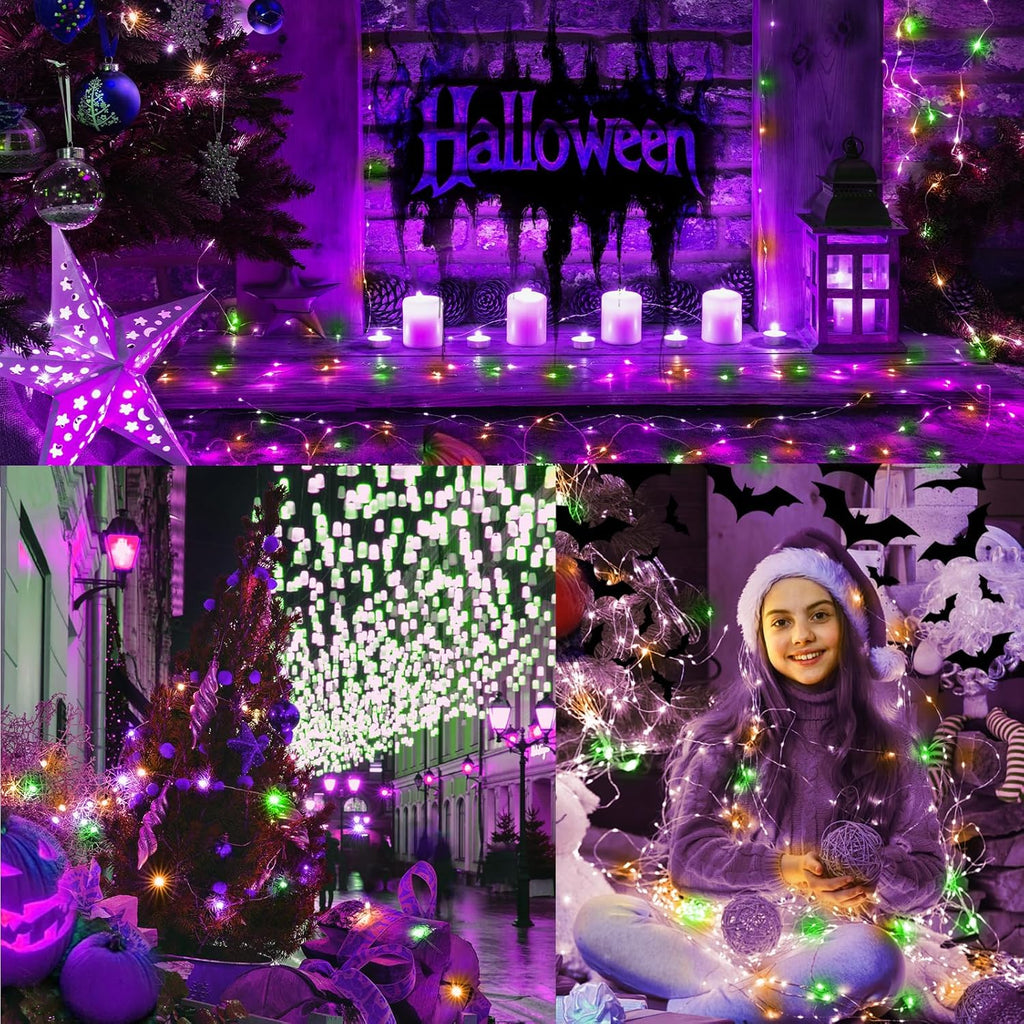LAMPHOME Halloween Fairy Lights Plug in, 33Ft 100 LEDs Waterproof Twinkle Firefly Lights, Adaptor Included, Starry String Lights for Wedding Indoor Outdoor Christmas Patio Garden, Orange Purple Green