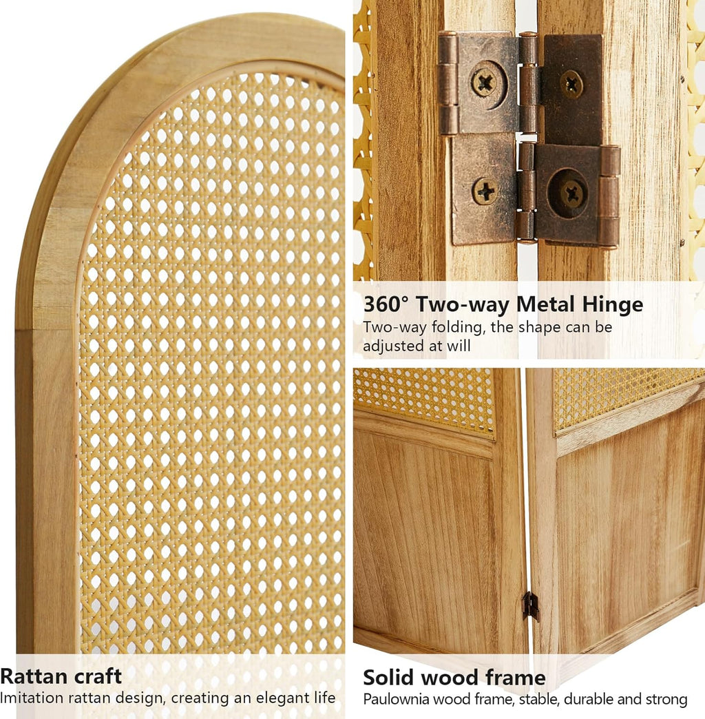 Room Divider 4 Panel, Folding Privacy Screen, Foldable Wood Divider Room Dec, Rattan Room Divider, Portable Partition Screen, Wall Divider for Room Separation Bedroom Home Office (Natural)