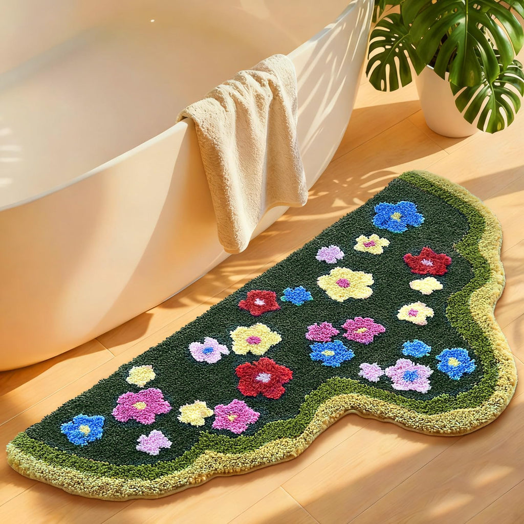Aesthetic 3D Moss Rug, Super Absorbent Non-Slip Microfiber Grass Mat for Playroom, Irregular Shaped Green Carpet for Forest Bath Mat, Circle Cute Tufted Area Rug Trendy Rugs for Bedroom 48 x 24 in