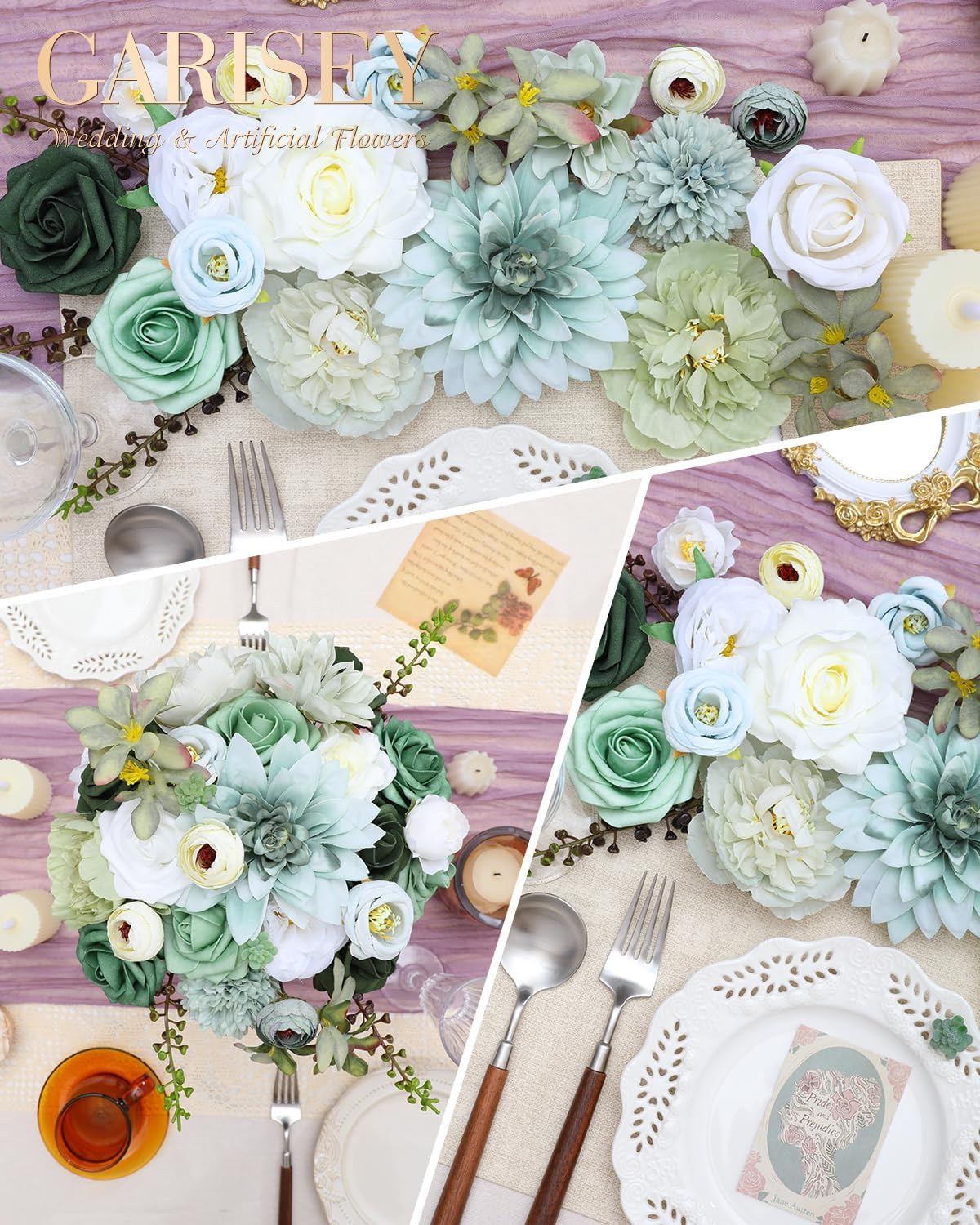 Artificial Flowers Combo, Mix Silk Flowers Roses, Peonies, Dahlias with Stems for DIY Wedding Bridal Bouquet, Baby Shower, Table Centerpieces, Home Decor, Fake Floral Arrangements-Forest Green