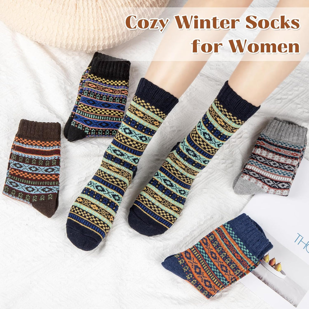 Justay 5 Pairs Wool Socks for Women - Winter Thick Boot Cozy Crew Vintage Soft Calf Knit Warm Socks Gifts