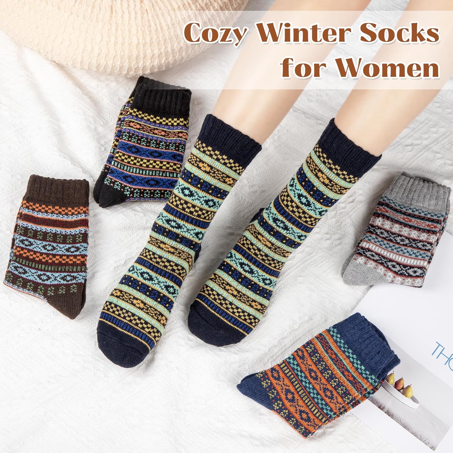 Justay 5 Pairs Wool Socks for Women - Winter Thick Boot Cozy Crew Vintage Soft Calf Knit Warm Socks Gifts