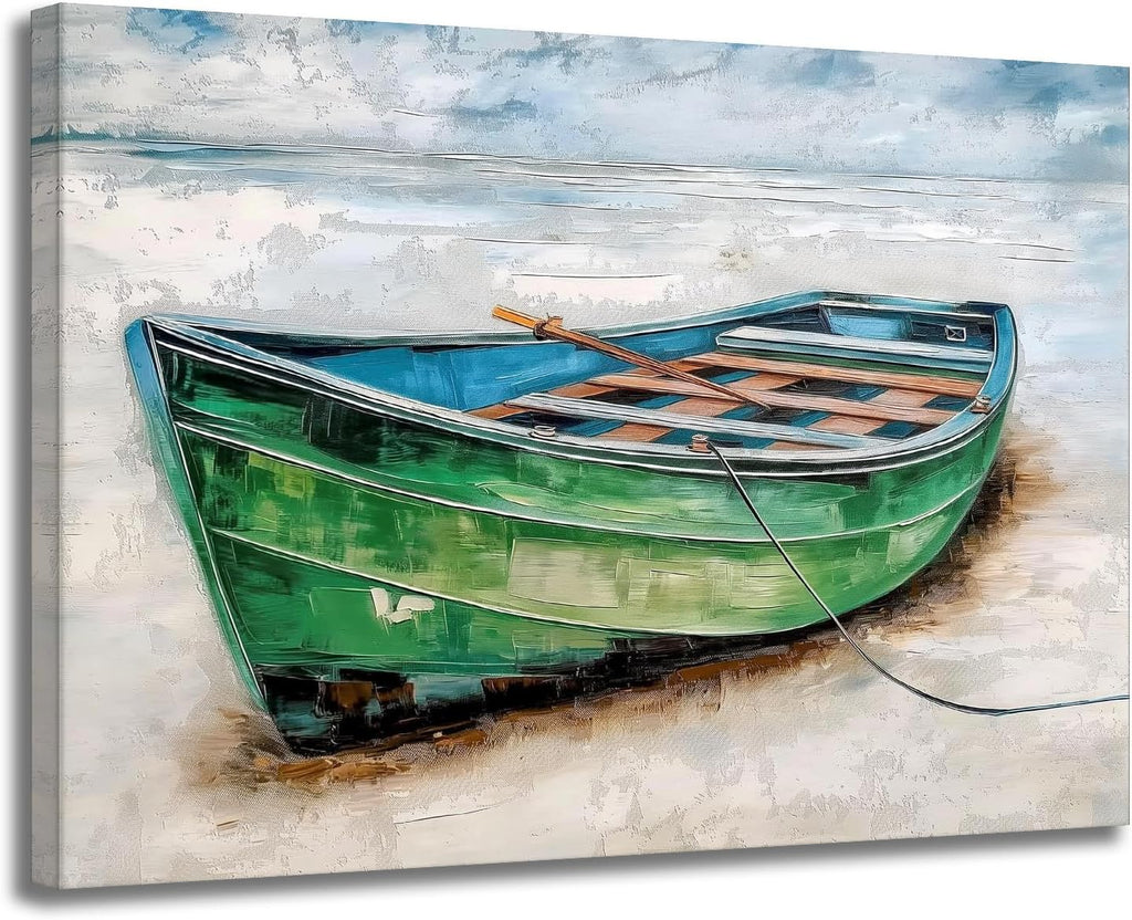 Coastal Boat Canvas Wall Art Cyan Color Nautical Boat on Beach Picture Rustic Beach Seaside Still Life Print Painting Artwork for Living Room Bedroom Bathroom Decor Framed