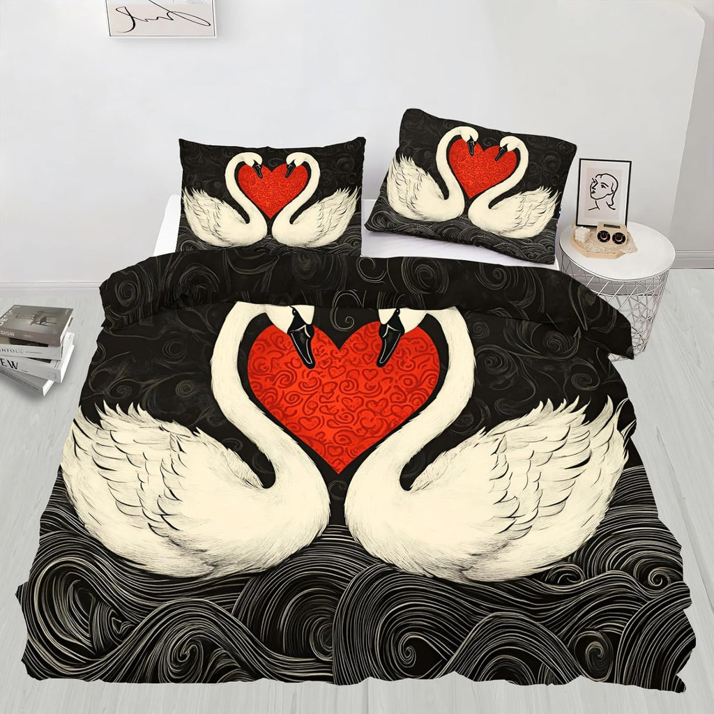 White Swan Duvet Cover Twin Romantic Love Birds Bedding Set 2 Piece for Kids Bedroom Hand Drawn Art Swan Comforter Cover with Zipper Ties & 1 Pillowcases
