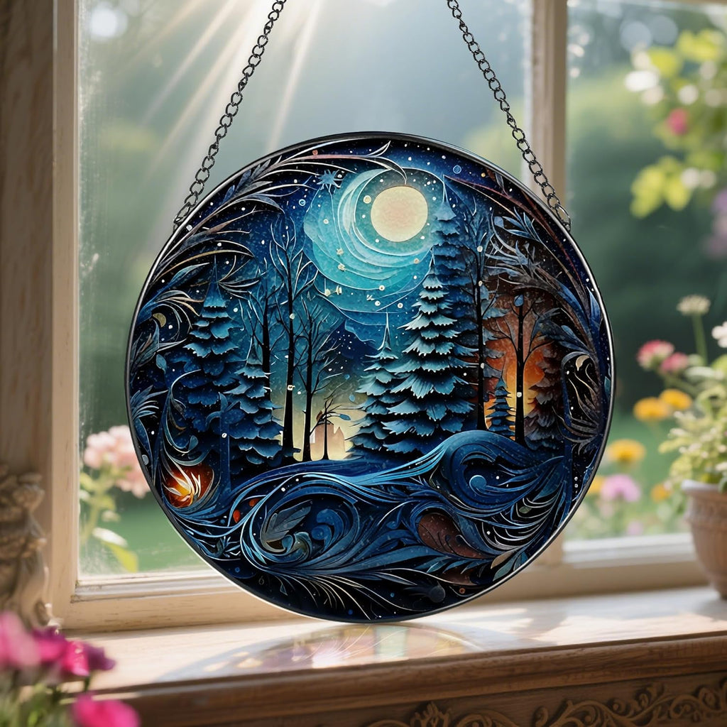 8-Inch Starry Night Forest Suncatcher Ornament, Stained Glass Window Hanging & Stained Glass Holiday Ornament, Sun Catcher Window Decor — Magical Gift for Nature Lovers, Gifts for Christmas & Holidays