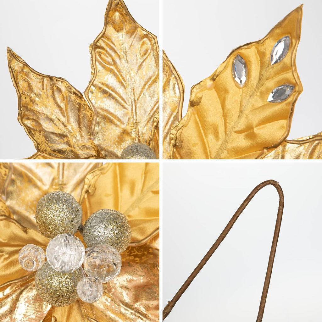 Hollyone 3PCS Poinsettia Christmas Flowers Artificial 11" Large Gold Glitter Poinsettia Flowers Christmas Tree Ornaments Floral Picks for Tree Wreath Garland Vase Table Centerpiece Home Decor
