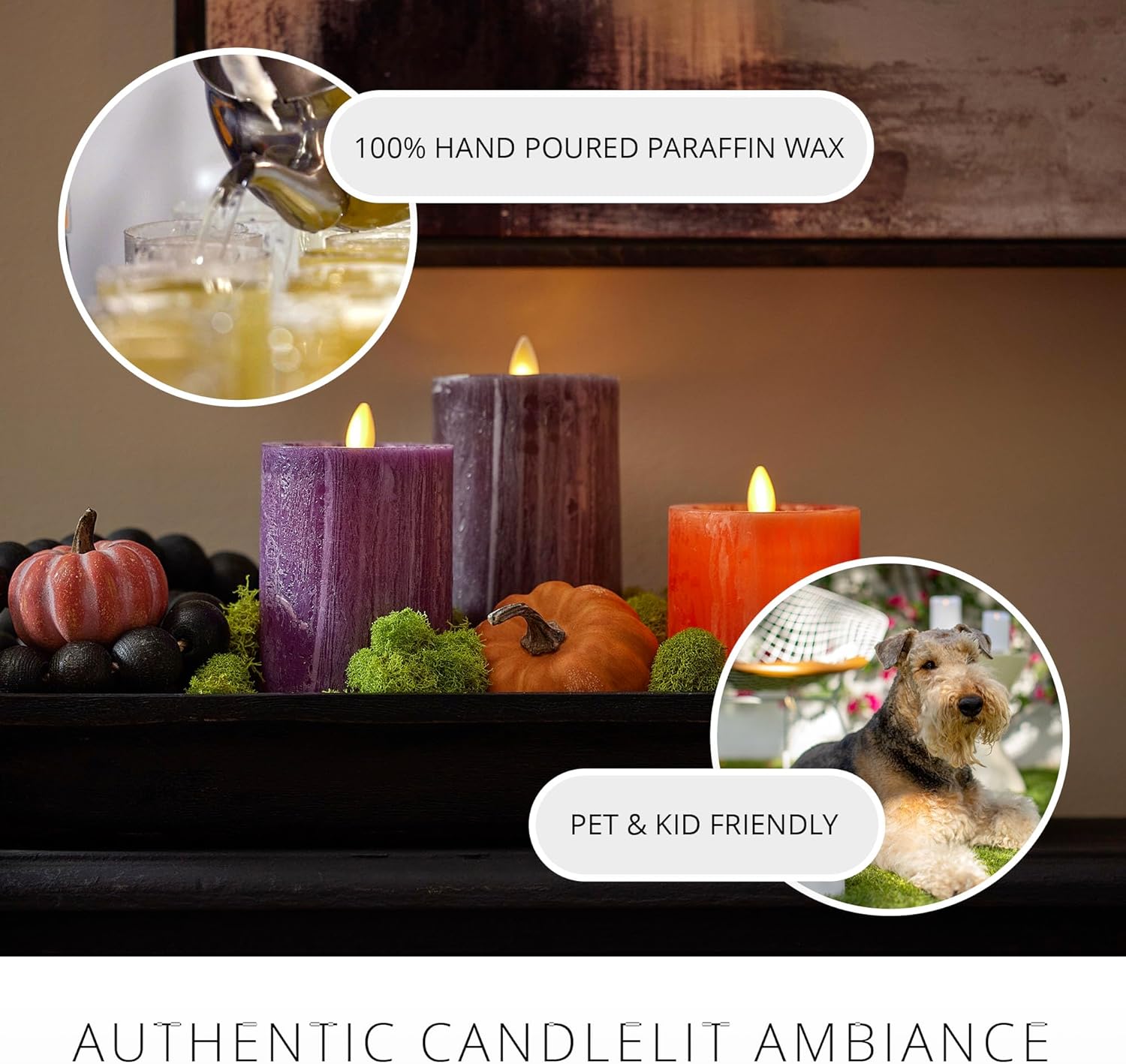 Luminara Realistic Flameless LED Candle Multi-Color Set of 3, Battery Operated with Remote Control, Moving Flame Pillar Timer Funtion Melted Top Safe