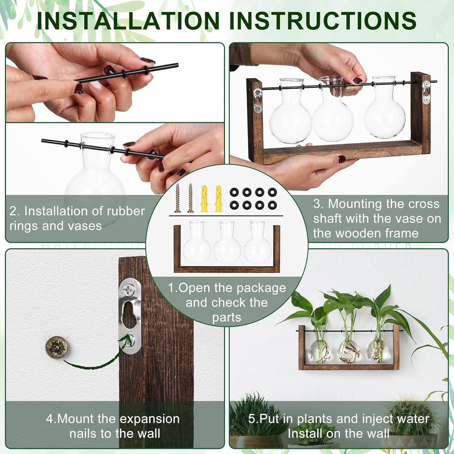 YIBOT Wall Hanging Planter Propagation Station Glass Flower Vase for Hydroponics Plants, Plant Terrarium with Wooden Stand, Bathroom, Home Office Living Room Decor Gift
