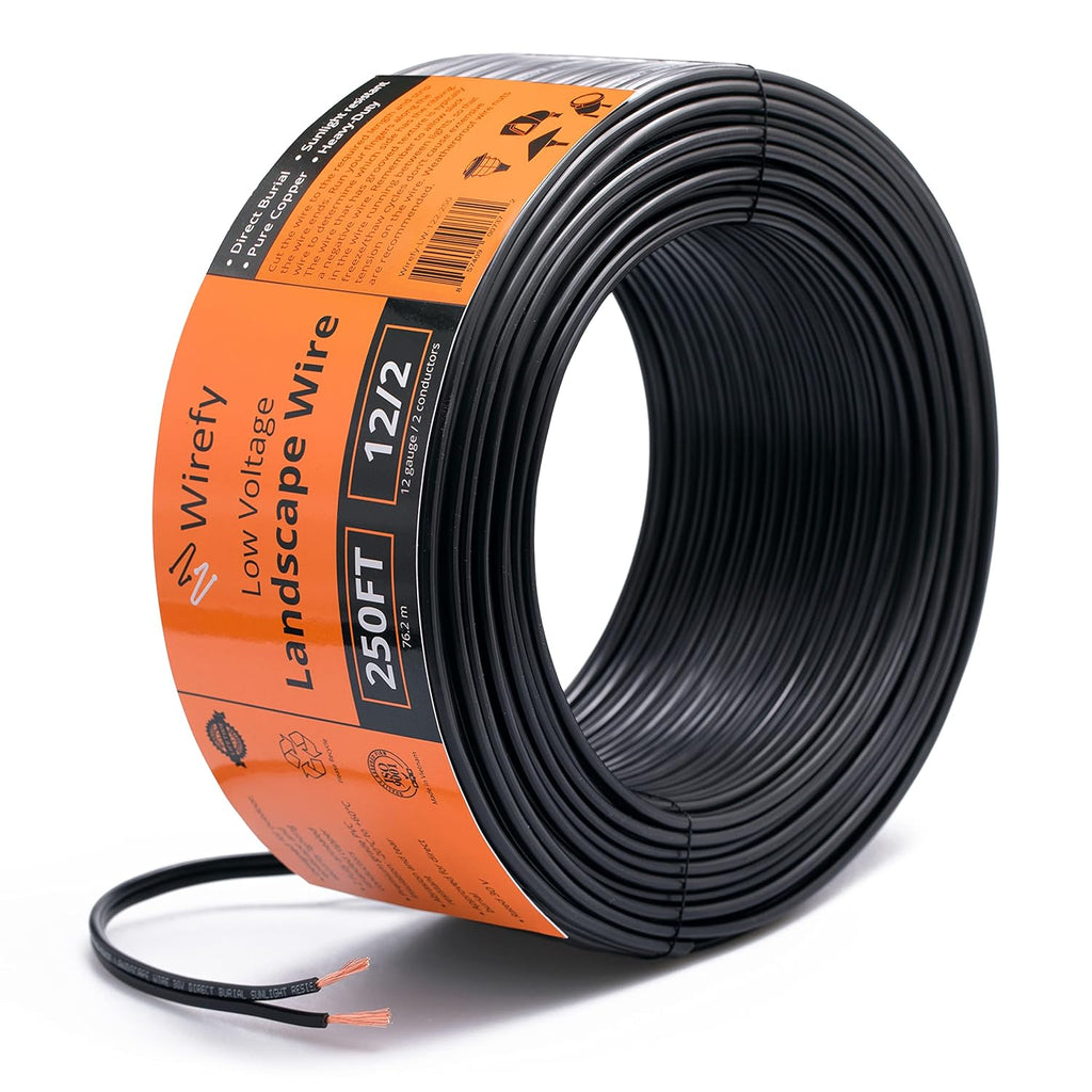 Wirefy 12/2 Low Voltage Landscape Wire 250 ft | Low Voltage Landscape Lighting Wire | Pure Copper | Outdoor Direct Burial | 12-Gauge 2-Conductor 250 Feet | UL Listed