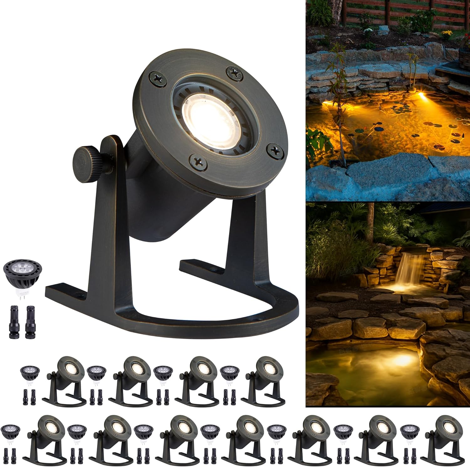 Gardenreet Solid Brass Underwater Pond Light - 12V Low Voltage IP68 Submersible Bronze Fixture, with 3000K MR16 LED for Outdoor Pond Fountain Waterfall Landscape Lighting(12 Pack)