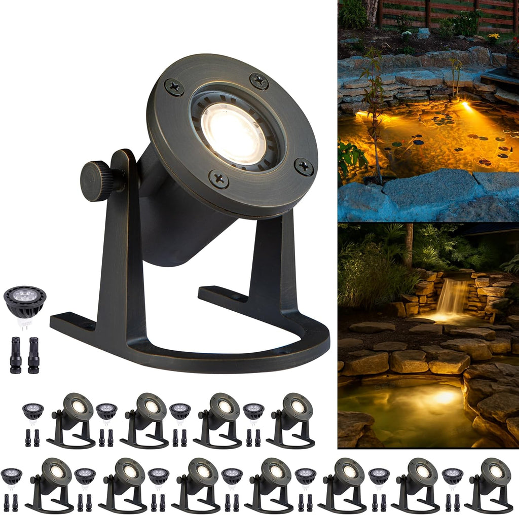 Gardenreet Solid Brass Underwater Pond Light - 12V Low Voltage IP68 Submersible Bronze Fixture, with 4000K MR16 LED for Outdoor Pond Fountain Waterfall Landscape Lighting(12 Pack)