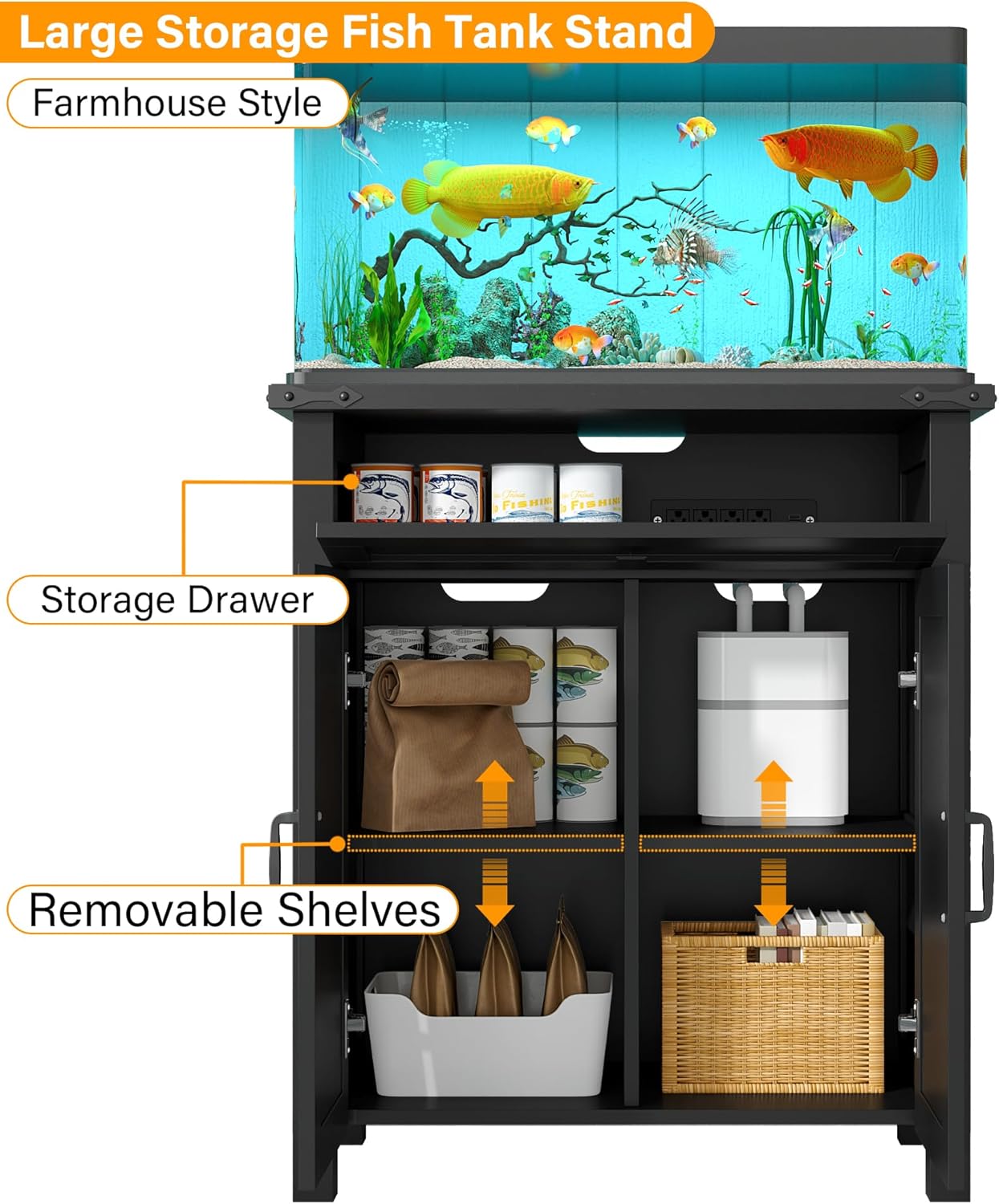 20 Gallon Fish Tank Stand with Power Outlets, Farmhouse Decorative Aquarium Stand Furniture with Adjustable Shelves and Storage Cabinet, 10 Reptile Turtle Tank Stand (Black, 20GL)
