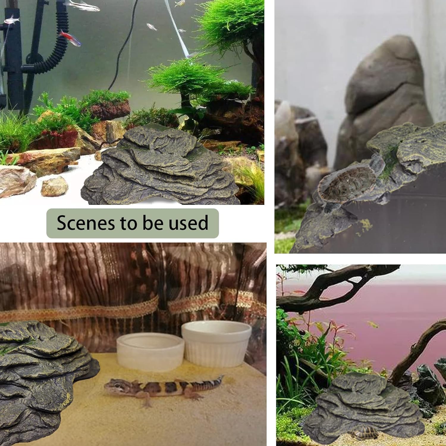 PINVNBY Turtle Basking Platform, Reptile Climbing Shale Resin Ledge Stone, Aquarium Ornament Rock Landscaping Decoration with Suction Cups for Frogs Newts Lizard (Large:7.1”Lx6.3”Wx2.7”H)