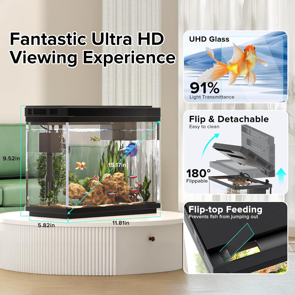 Fish Tank 2.4 Gallon Aquarium with Heater, 3-in-1 Silent Pump with Filteration & Oxygenation & Circulation, 7-Color Timer Cycle Light, Temperature Display, Humidifier, HD Glass Fish Bowl