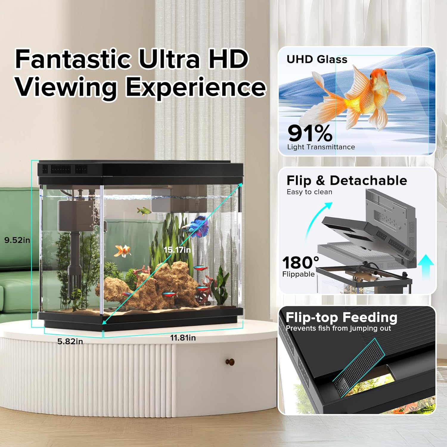 Fish Tank 2.4 Gallon Aquarium with Heater, 3-in-1 Silent Pump with Filteration & Oxygenation & Circulation, 7-Color Timer Cycle Light, Temperature Display, Humidifier, HD Glass Fish Bowl