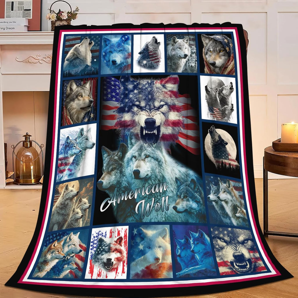 Wolf Throw Blanket American Flag Wolf Stuff Gifts for Kids Girls Boys Adults Women Men Soft Cozy Warm Plush Fluffy Fuzzy Fleece Blanket Decor 50''X60''