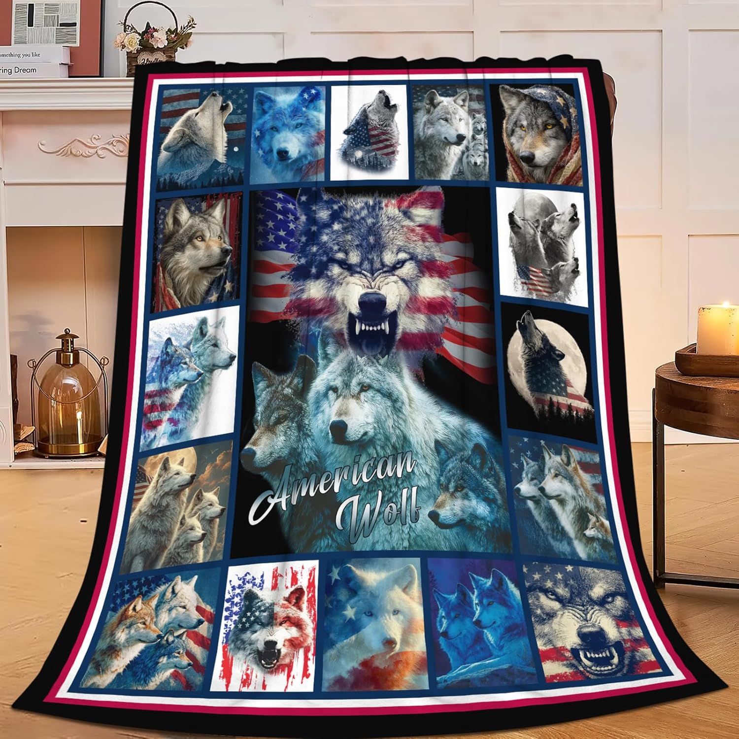 Wolf Throw Blanket American Flag Wolf Stuff Gifts for Kids Girls Boys Adults Women Men Soft Cozy Warm Plush Fluffy Fuzzy Fleece Blanket Decor 50''X60''
