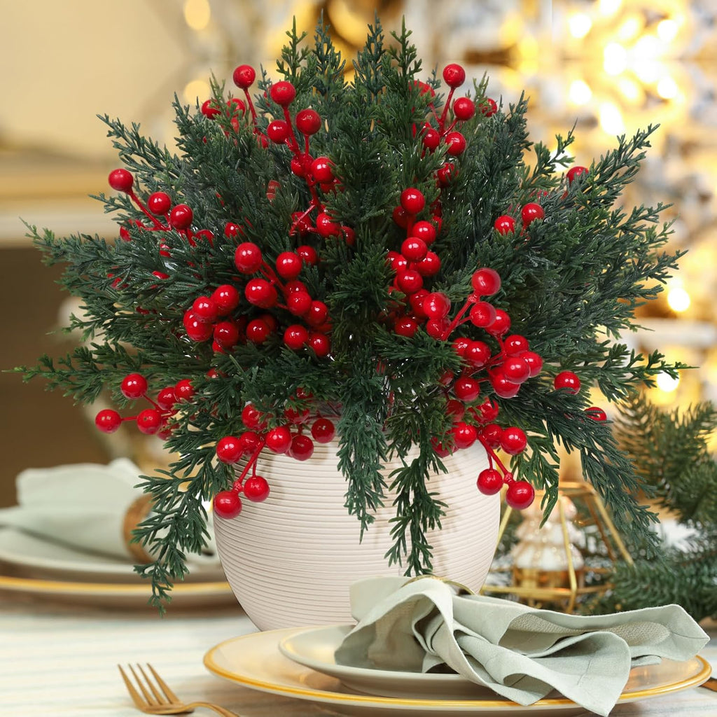 100 Pcs Christmas Artificial Pine Branches with Red Berry Stems 10.5" Faux Evergreen Norfolk Pine Cypress Leaves Stems, Fake Foliage Pine Needles Picks for Xmas DIY Craft Garland Home Decor