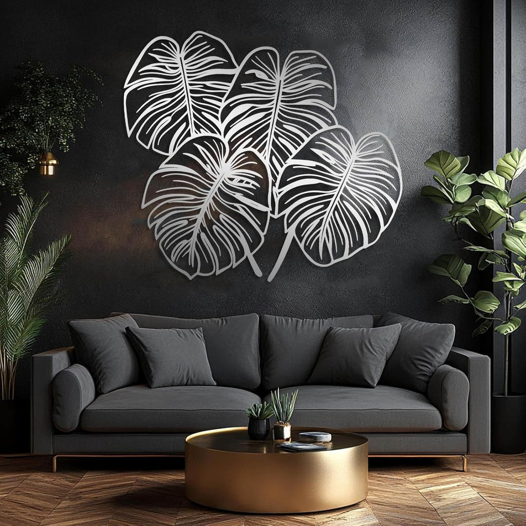 Jogwenu Monstera Leaf Metal Wall Art, Monstera Leaf Metal Wall Decor, Leaves Wall Decor, Tropical Wall Art, Plant Wall Decoration, Nature Wall Hanging, Bedroom Wall Hanging (Silver, 28"x25"/70x64cm)